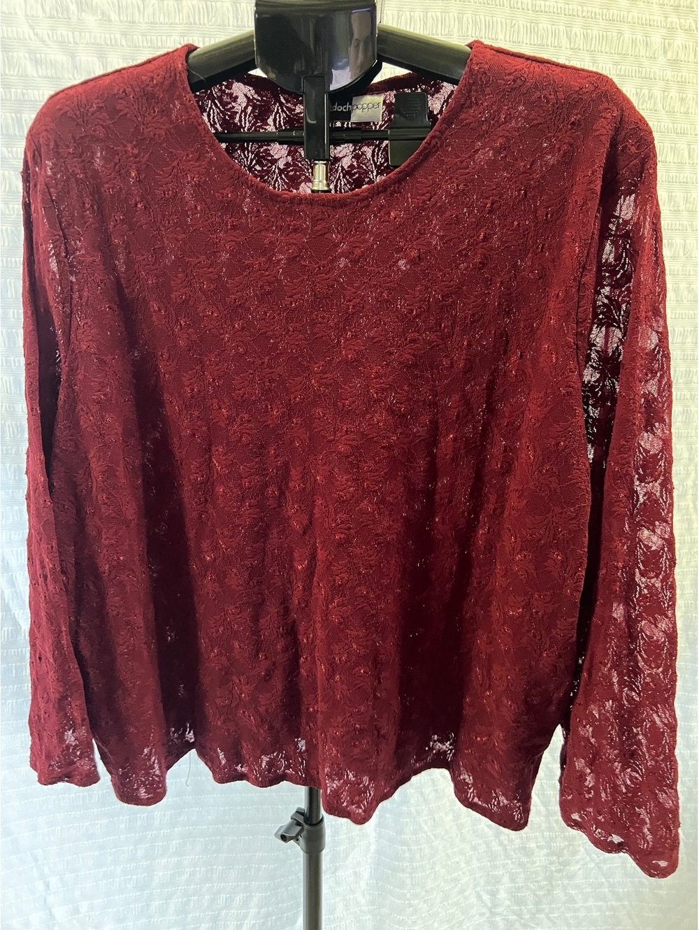Beldoch Popper Women’s Plus Size Burgundy Floral Lace Long Sleeve Top